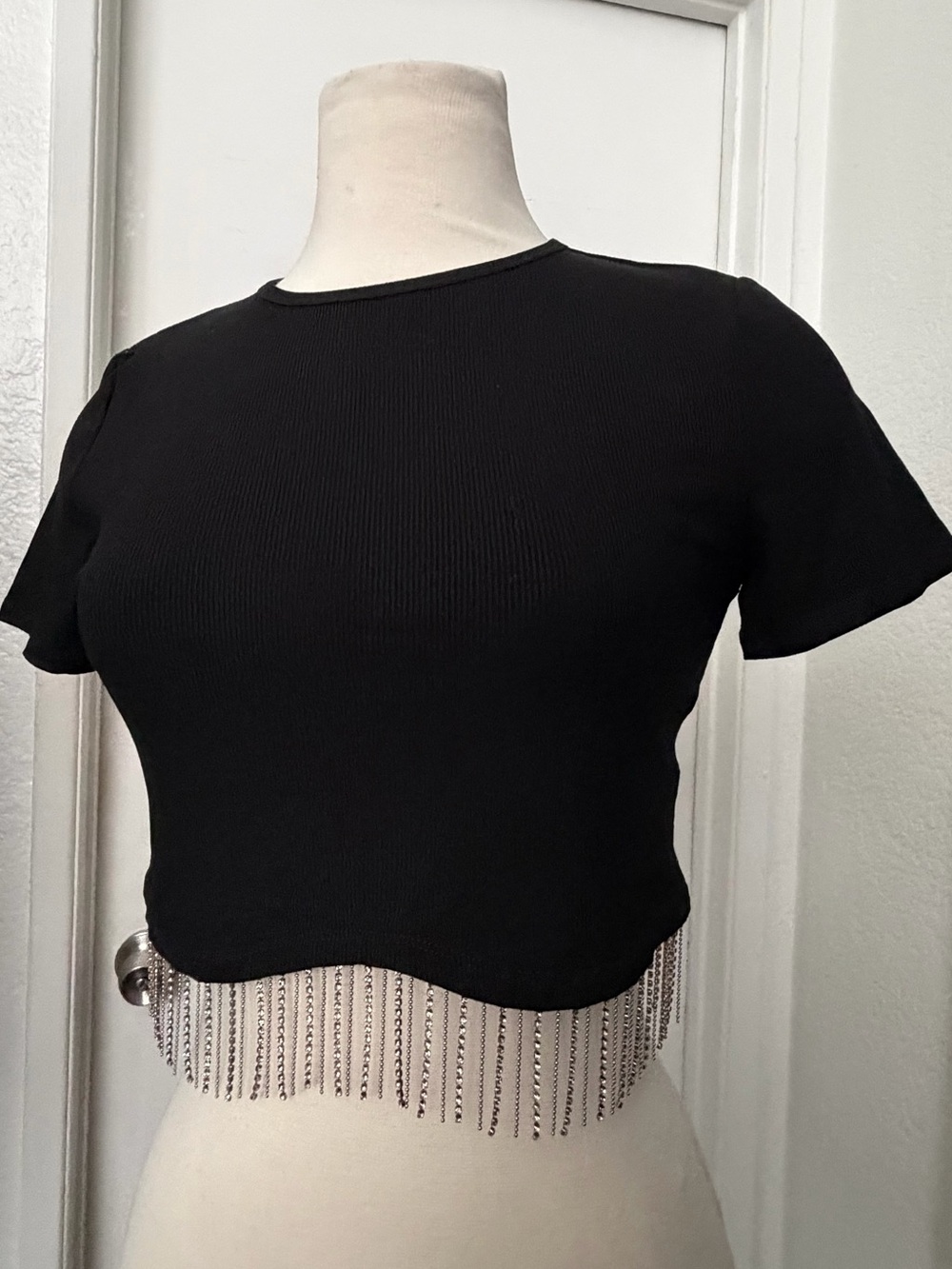 SEE VIDEO !! Black Short Sleeve Cropped Top with Rhinestone Fringe
